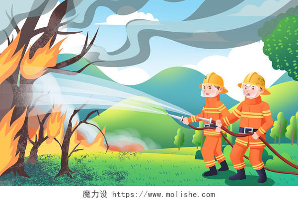 手绘卡通安全知识消防员救灾森林失火原创插画海报消防消防安全消防员